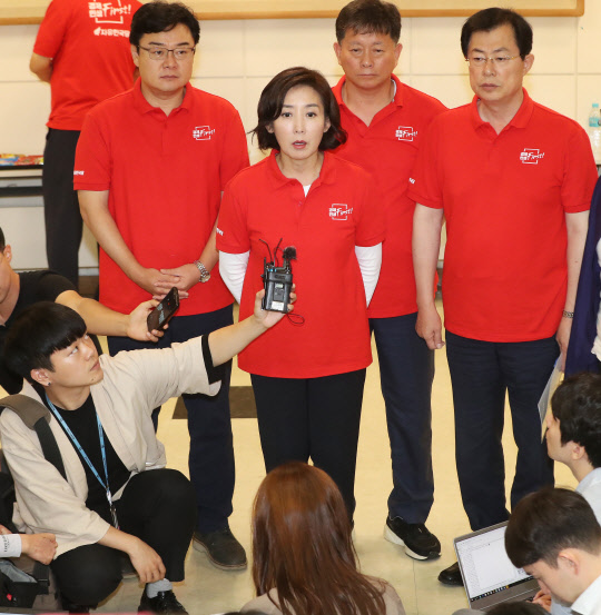 나경원 자유한국당 원내대표가 28일 경기도 용인시 처인구 중소기업인력개발원에서 열린 2019 자유한국당 국회의원 연찬회에서 긴급 의원총회 결과를 설명하고 있다. 연합뉴스